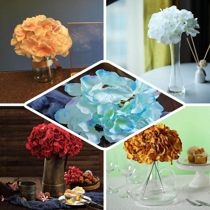 Variety of artificial flower arrangements in decorative vases.