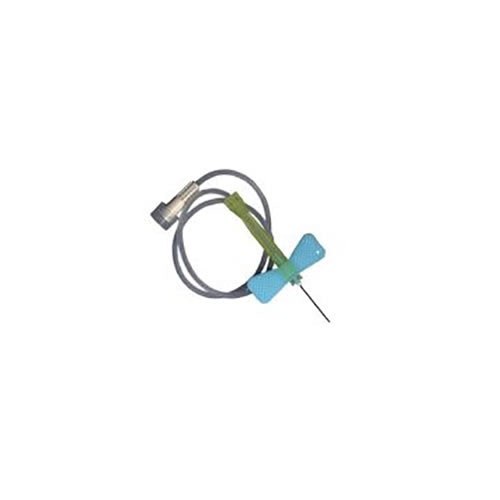 A winged intravenous cannula is shown, attached to a flexible tube, against a white background.