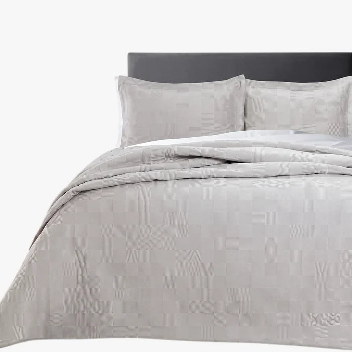 Cotton Co 400 Thread Queen Flat Sheet 250X270 displayed on a bed with two pillows. The silver textured fabric is softly