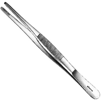 A pair of metallic tweezers lies flat against a white background. They appear to be unused.