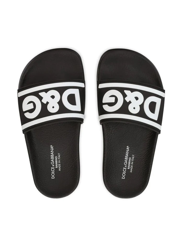 DOLCE & GABBANA KIDS 3D-logo Flat Slides Black - MAISONDEFASHION.COM