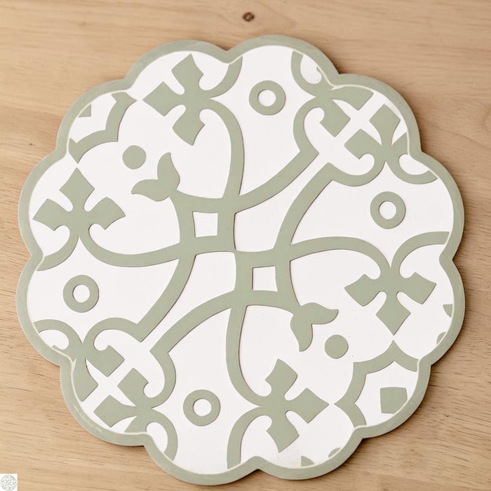 The ETUHOME Round Scalloped Placemat in Sage features an intricate, symmetrical lattice pattern with swirls and dots on a white background, combining Italian-inspired geometric elegance with refined style for your table.