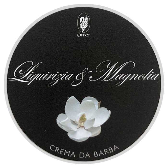 Extro Liquirizia & Magnolia Shaving Cream jar with licorice and floral scent, enriched with shea butter and calendula oil.