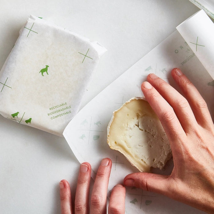 A hand holds a sheet of FORMATICUM - ZERO CHEESE STORAGE PAPER with green illustrations, next to a brown FORMATICUM box. The partially unrolled cheese storage paper is ideal for keeping cheese fresh at home.
