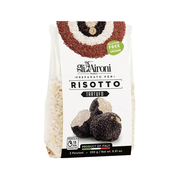 GLI AIRONI - TRUFFLE RISOTTO by ZIA PIA IMPORTS features truffles and carnaroli rice. It's gluten-free, vegan, serves 3, cooks in 15 minutes, and is authentic Italian risotto from Italy.