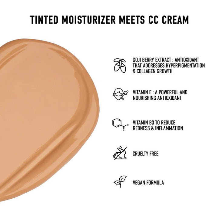 A black tube labeled "JW" stands before a beige swatch, highlighting JASON WU BEAUTY's TINTED MOISTURIZER MEETS CC CREAM for a natural glow on a white background.