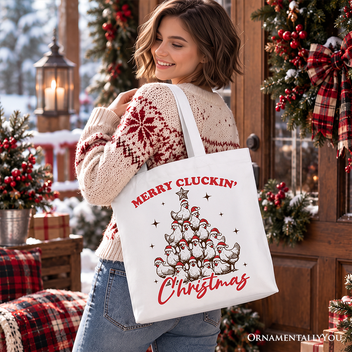 Merry Cluckin' Christmas Tree Tote Bag, Funny Santa Hat Chicken Farmhouse Gift Shopper