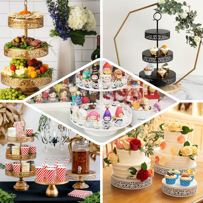 Assorted decorative cake stands with treats and flowers in various styles and colors.