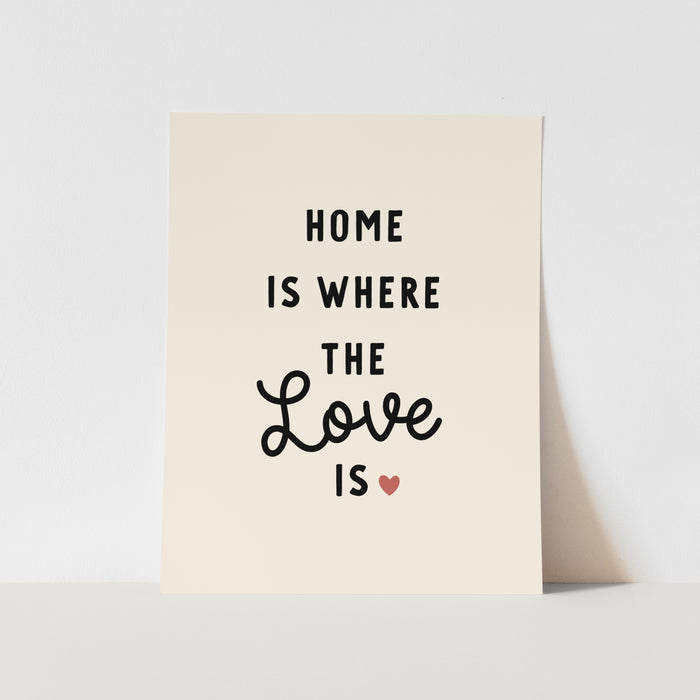 Beige card with 'Home is where the love is' text on a light gray background