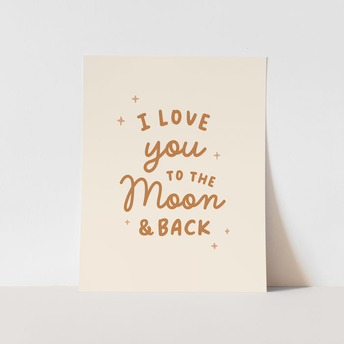 Card with 'I love you to the moon & back' text on a beige background