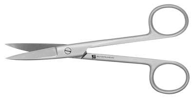 A pair of Mayo scissors lies on a white background; they are closed.