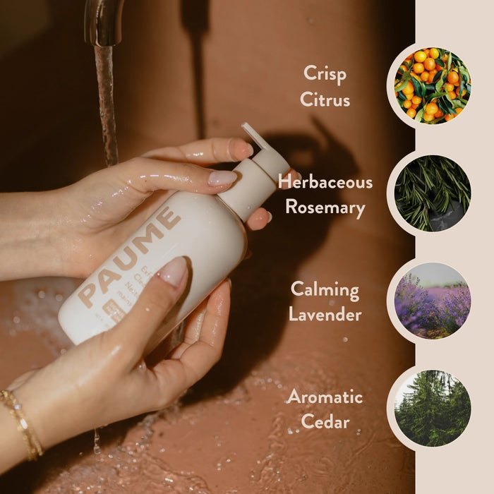 A bottle of PAUME - EXFOLITAING HAND SOAP, a moisturizing hand wash with pump, is displayed against a light beige background. The label shows tan and peach text with the product name and description.