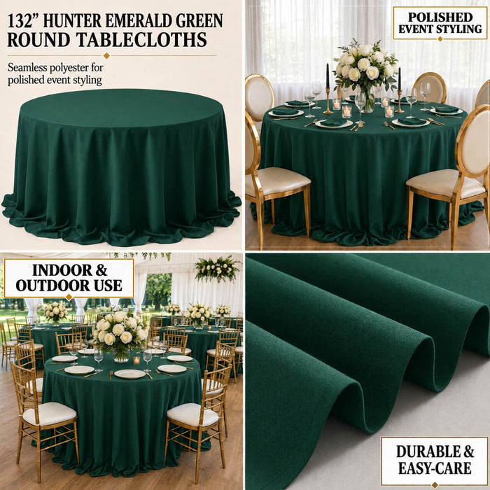 Polyester round tablecloth in hunter emerald green, perfect for elegant events.