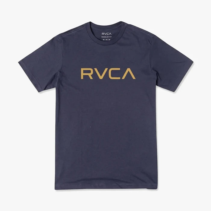 Rvca Boys Big Rvca Short Sleeve Tee in navy blue with a prominent gold logo on the chest, displayed flat.