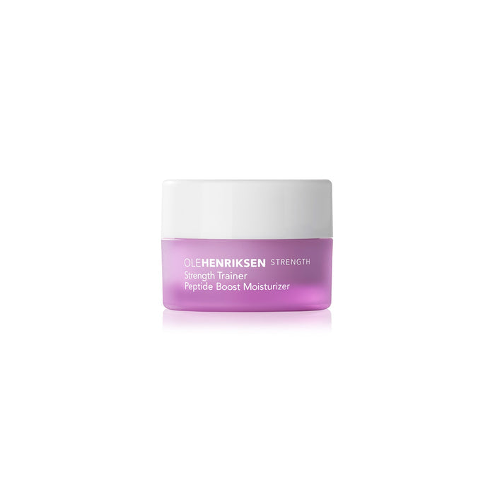 Closed packaging of Strength Trainer Peptide Boost Moisturizer Deluxe Mini shown on a white background.
