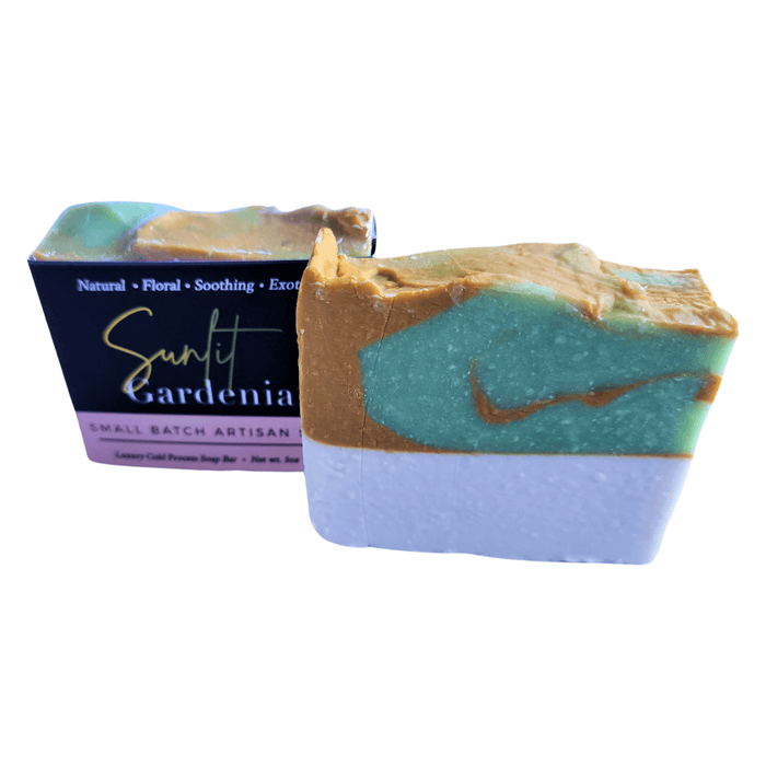 Sunlit Gardenia Soap Bar - Soap Boutique, a 5 oz artisan bar with golden amber, green, and cream swirls.
