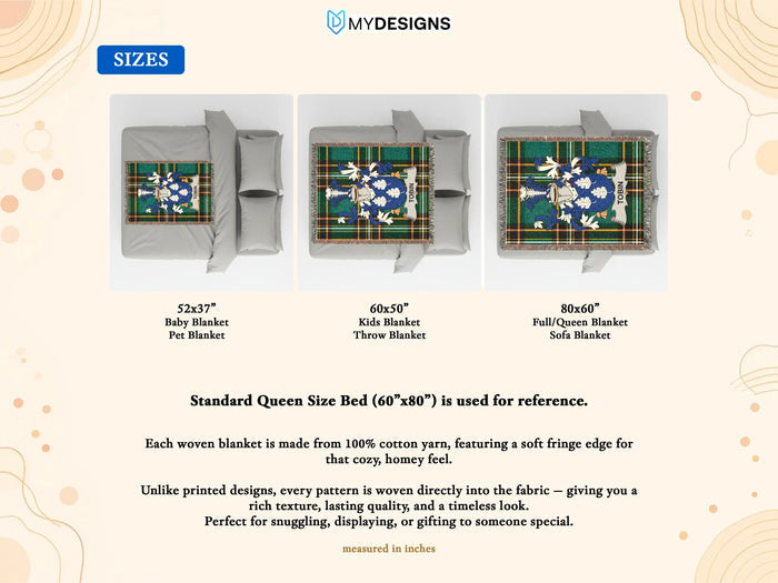 Tobin woven cotton blanket size guide for three available sizes.