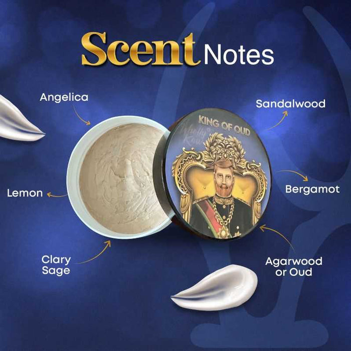 Scent notes of King of Oud Shaving Soap including sandalwood, bergamot, and oud