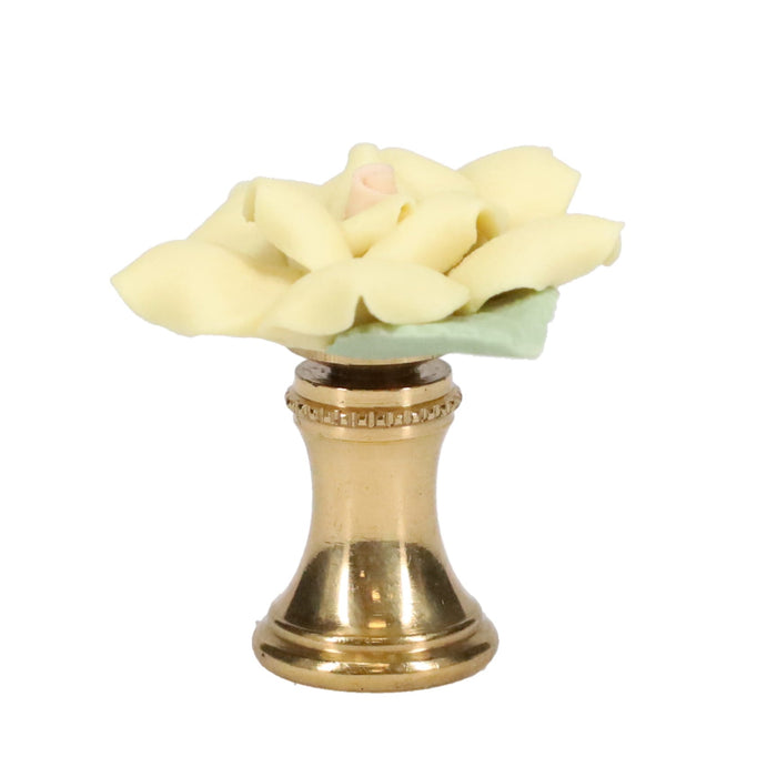 1-1/4" Tall Brass Finial, Ceramic Off White Rose, 1-3/8" Wide, 1/4-27F Tap (15219)