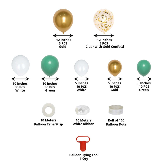 Balloon kit with various sizes and colors, includes tying tool and tape strip.