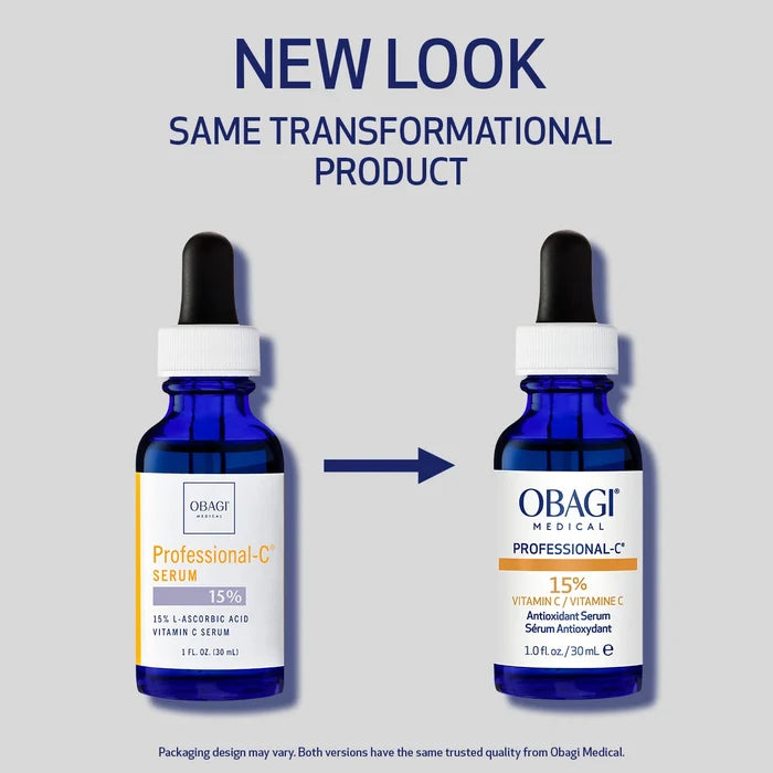 Professional-C Serum 15% new packaging, same transformational product. Before and after on grey background