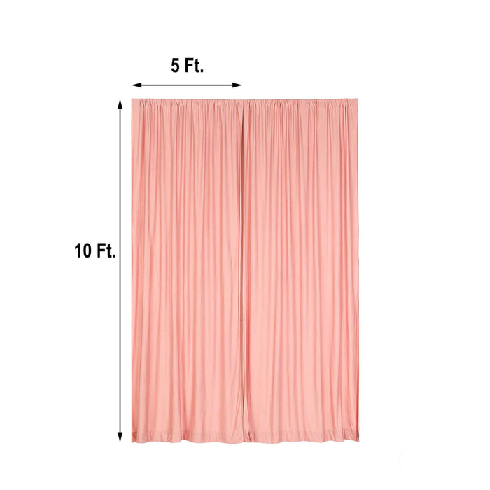 Pink curtain measuring 5 ft by 10 ft on a plain backdrop.