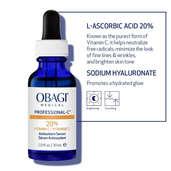 Professional-C Serum 20% Vitamin C infographic with L-Ascorbic 20% and Sodium Hyaluronate