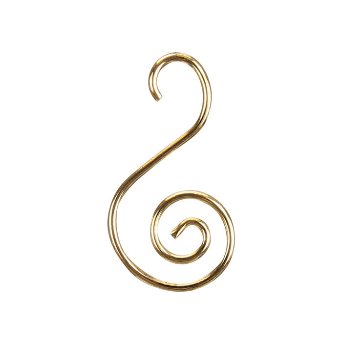 A single gold wire bent into a stylized spiral shape with a loop at the top, resembling a decorative hook or pendant, set against a white background.
