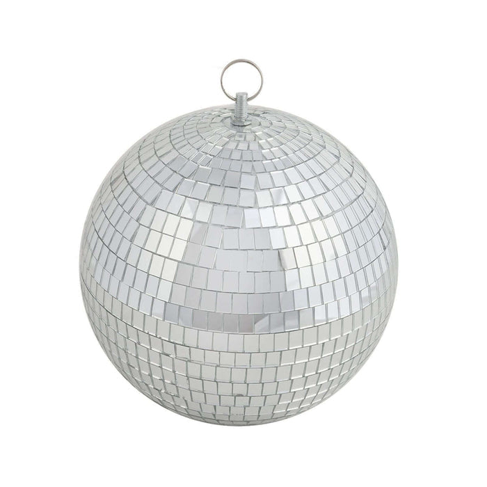 Silver disco ball with reflective tiles, perfect for parties and events.