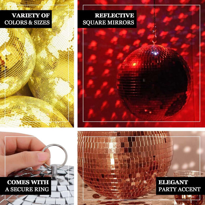Disco ball decorations in various colors and sizes for elegant party accents.