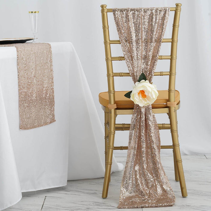 Gold sequin chair sash with flower accent on a chiavari chair.