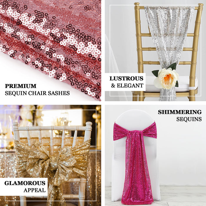 Premium sequin chair sashes in various styles and colors for glamorous events.