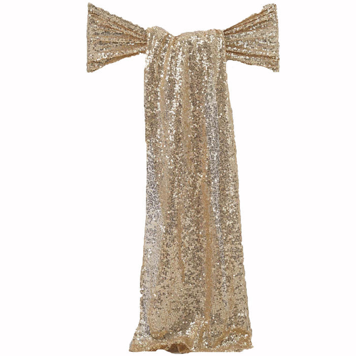 Gold sequin dress with bow sleeves on a plain background #whtbkgd
