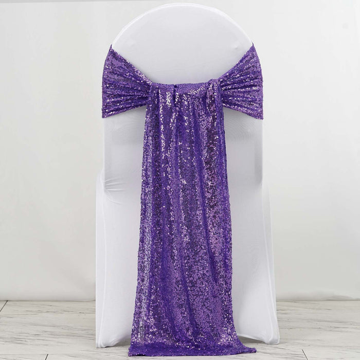 Purple sequin chair cover sash draped elegantly on a white chair