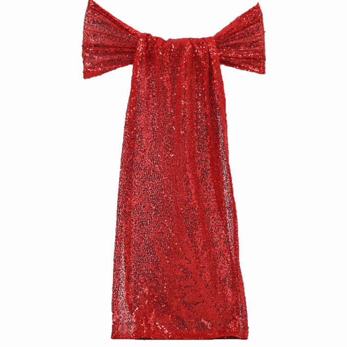 Red sequin dress with bow detail, elegant party attire. #whtbkgd