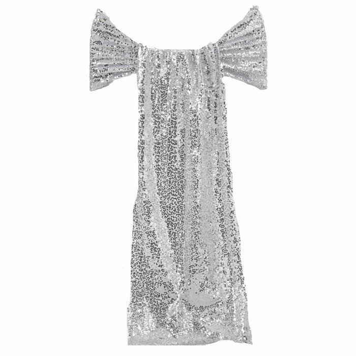 Silver sequin dress with off-the-shoulder sleeves on a white background #whtbkgd