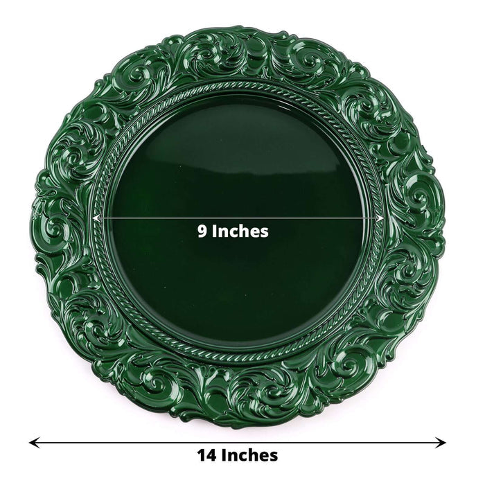 Green decorative plate with ornate design, 14 inches wide and 9 inches inner diameter.