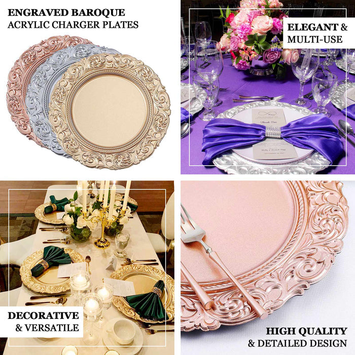 Engraved baroque acrylic charger plates in three colors for elegant dining