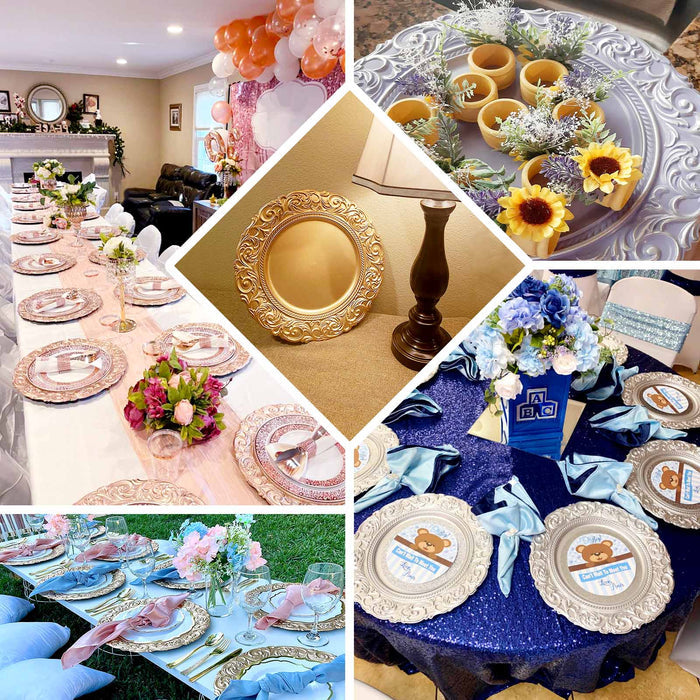 Decorated tables with elegant tableware and floral arrangements for a celebration.