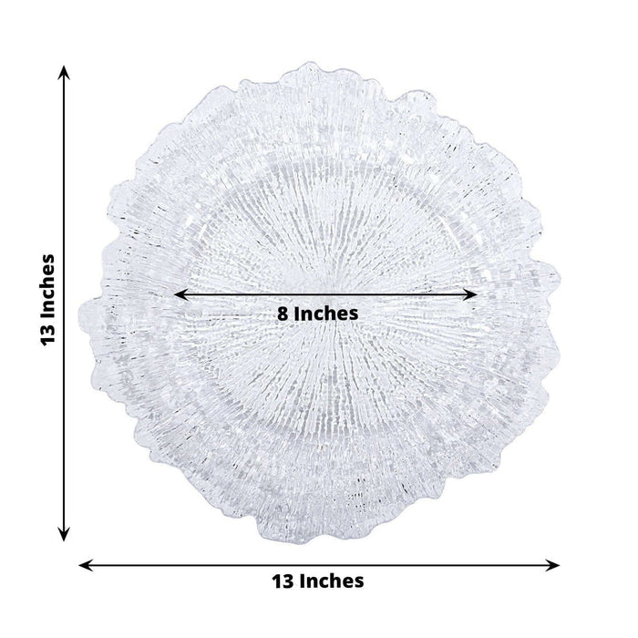 Clear decorative plate with a textured design, 13 inches in diameter.