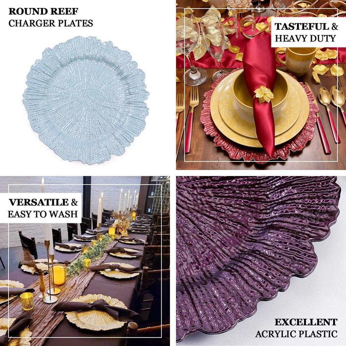 Round Reef charger plates in blue, perfect for elegant dining. Versatile and easy to wash.