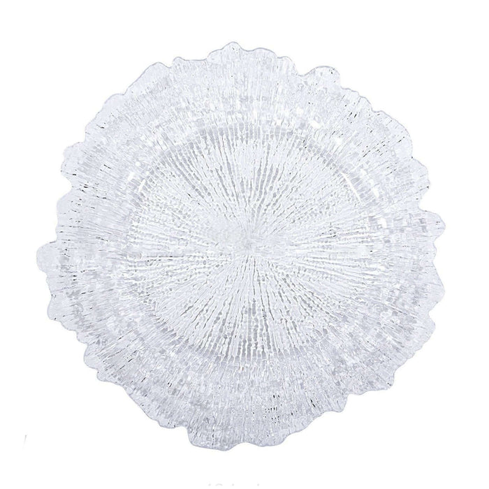 Clear textured glass plate with a decorative edge design. #whtbkgd