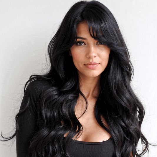 Woman with long, wavy black hair wearing a black top against a neutral background