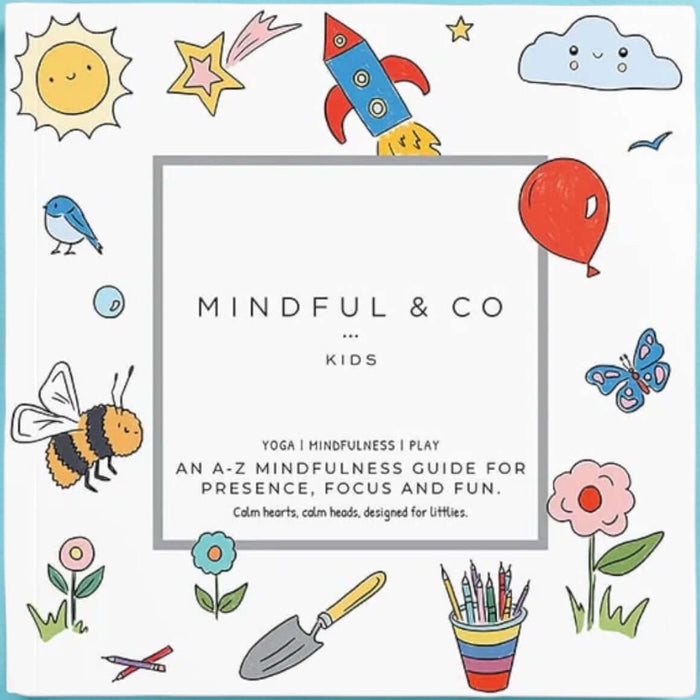 Colorful children's book cover with illustrations of a sun, rocket, balloon, and other objects, featuring the brand 'Mindful & Co'.