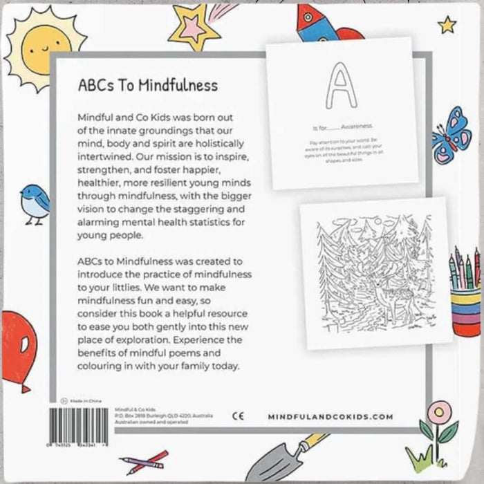 Children's book with mindfulness activities and illustrations on a white background