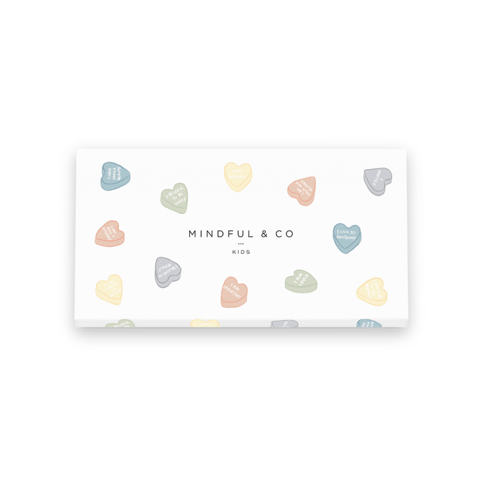 Affirmation Colouring Pencils packaging featuring colorful hearts with positive messages for kids' creativity and mindfulness.