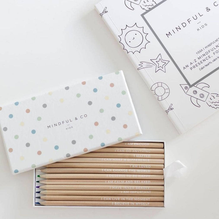 Affirmation Colouring Pencils in a box with positive affirmations, designed for children's mindfulness and creativity.