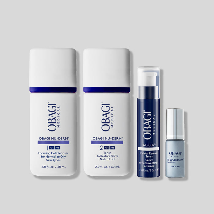 Age Renewal Trial Set Hero image on gray background: Nu-Derm Foaming Cleanser and Toner, Nu-Gen Cellular Renewal Serum, and Elastiderm Facial Serum