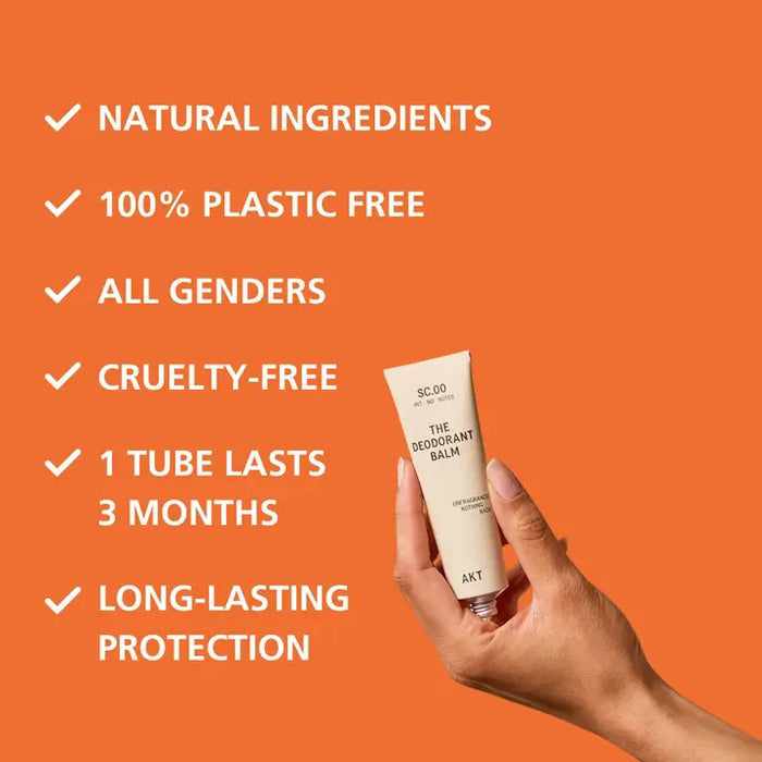 A lavender tube and box of AKT LONDON’s AKT DEODORANT BALM COLUMBIA ROAD rest on a beige surface with soft shadows, highlighting this aluminum-free deodorant balm against a neutral background.