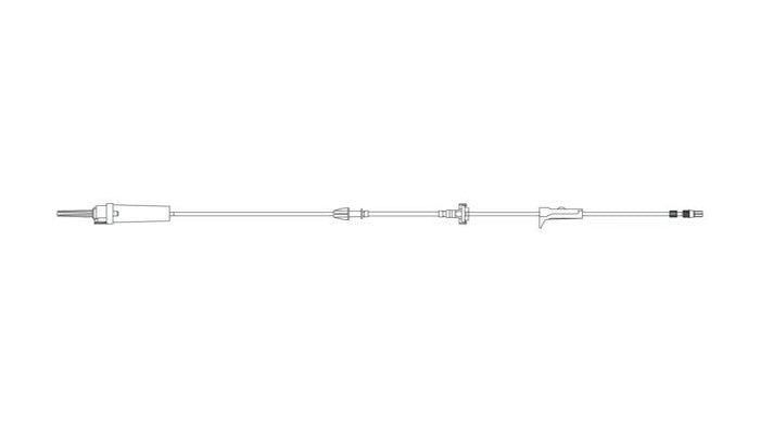 A medical intravenous (IV) set, extending horizontally, shows components for fluid delivery to a patient.